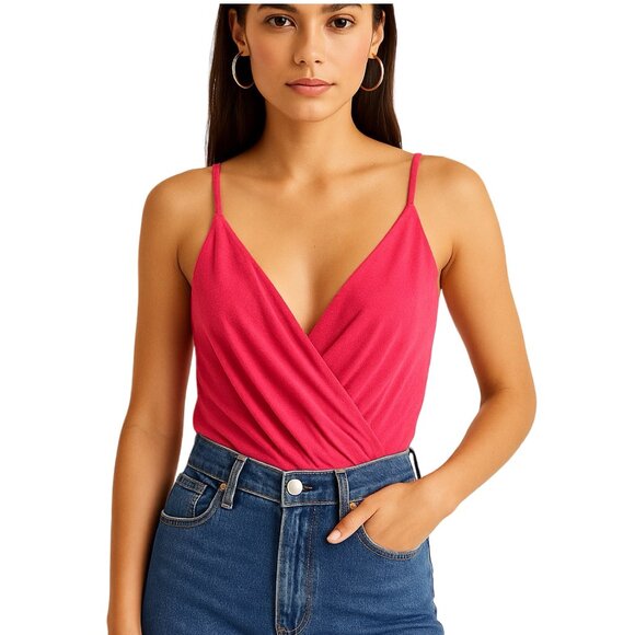 21 Saints Tops - 21 Saints Fuchsia Pink Wrap-Front Bodysuit – Spaghetti Strap One-Piece Size S
